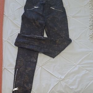 Women's Cropped Leather Like Ankle Pants with Metallic Black/Brown Finish